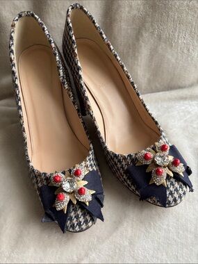 J. Crew Tweed Flats with Navy Bow and Red Jewel Flower